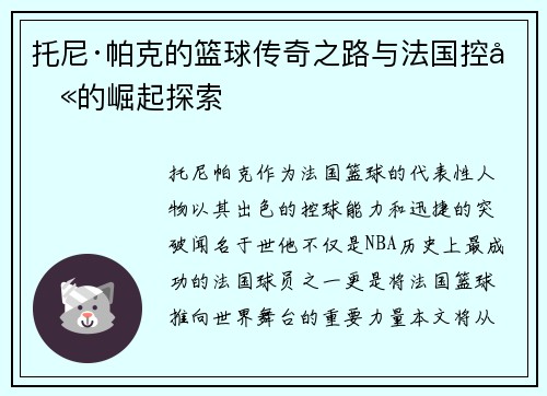 托尼·帕克的篮球传奇之路与法国控卫的崛起探索